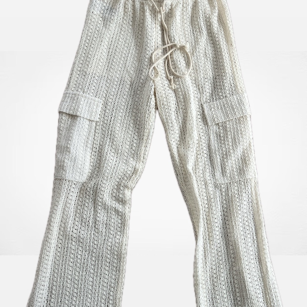 Cream Knit Wide-Leg Pants